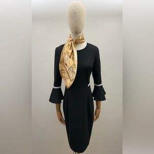 Calvin Klein Black Sheath Dress Size 2 Bell Sleeve Gold Zip Back Knee Length